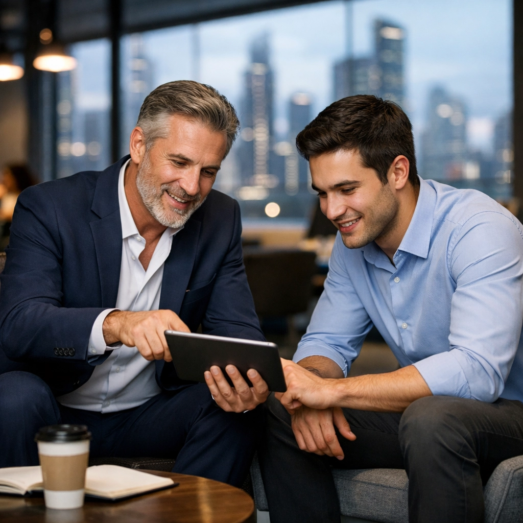 Corporate mentorship session between two professionals focusing on internal career development.