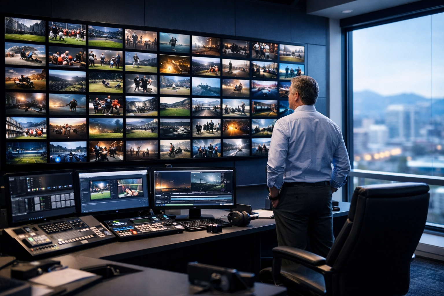 Dakdan Worldwide media consultant organizing digital sports assets in a professional Colorado media production suite.