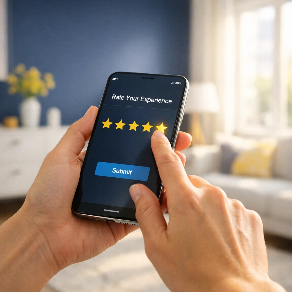 A customer leaving a high-star review for the best cleaning services near me on their smartphone.