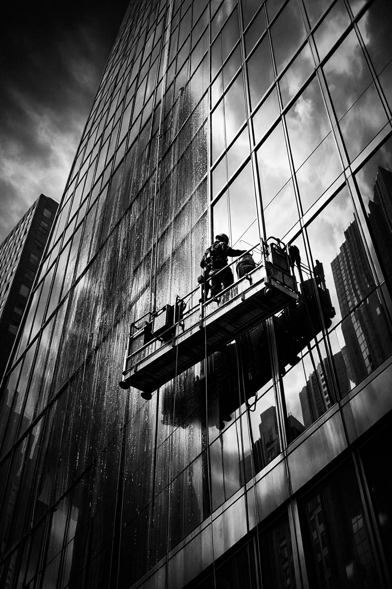 Professional window cleaner working on commercial high-rise building glass facade