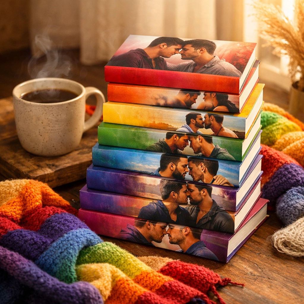 Stack of MM romance books with rainbow spines and coffee creating cozy LGBTQ+ reading atmosphere