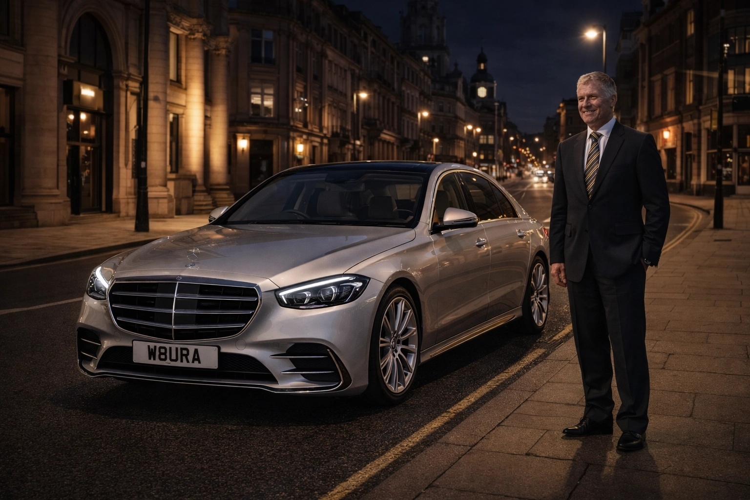 A silver Mercedes-Benz S-Class W223 with W8URA plate and multi-spoke wheels on a Nottingham road at dusk, highlighting our premium chauffeur and airport transfer service.