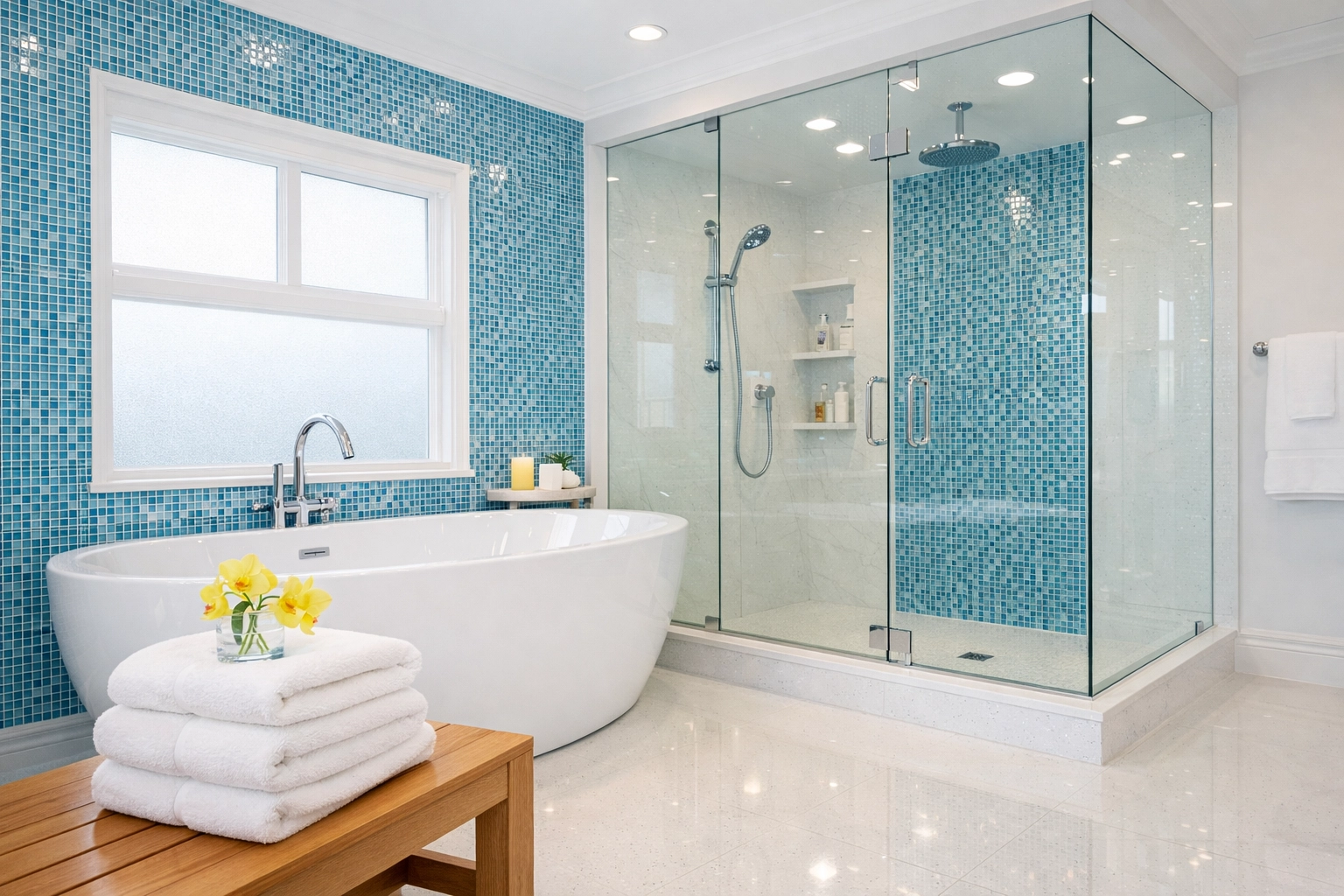 Pristine spa-like bathroom with sparkling quartz surfaces after a professional luxury cleaning in Needham.