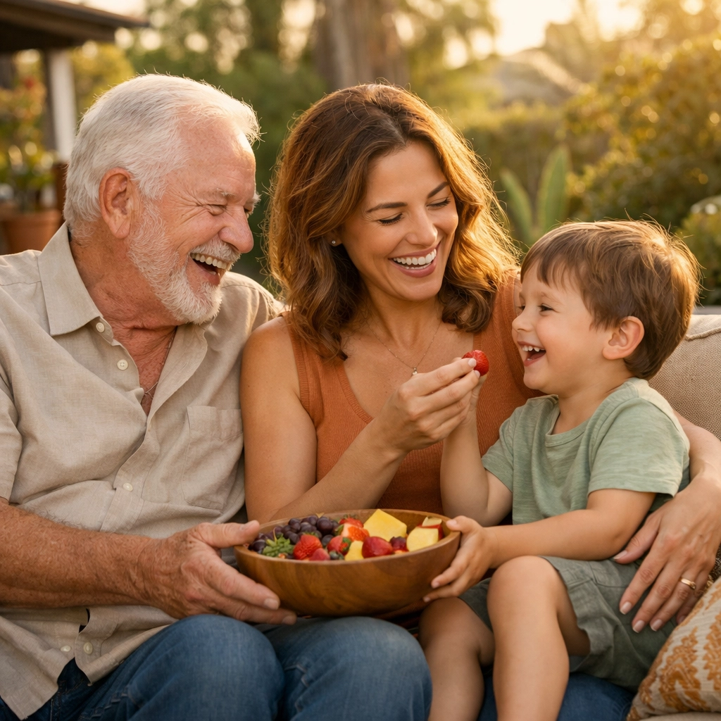 Happy California family on a sunny patio, enjoying the peace of mind of a living trust.