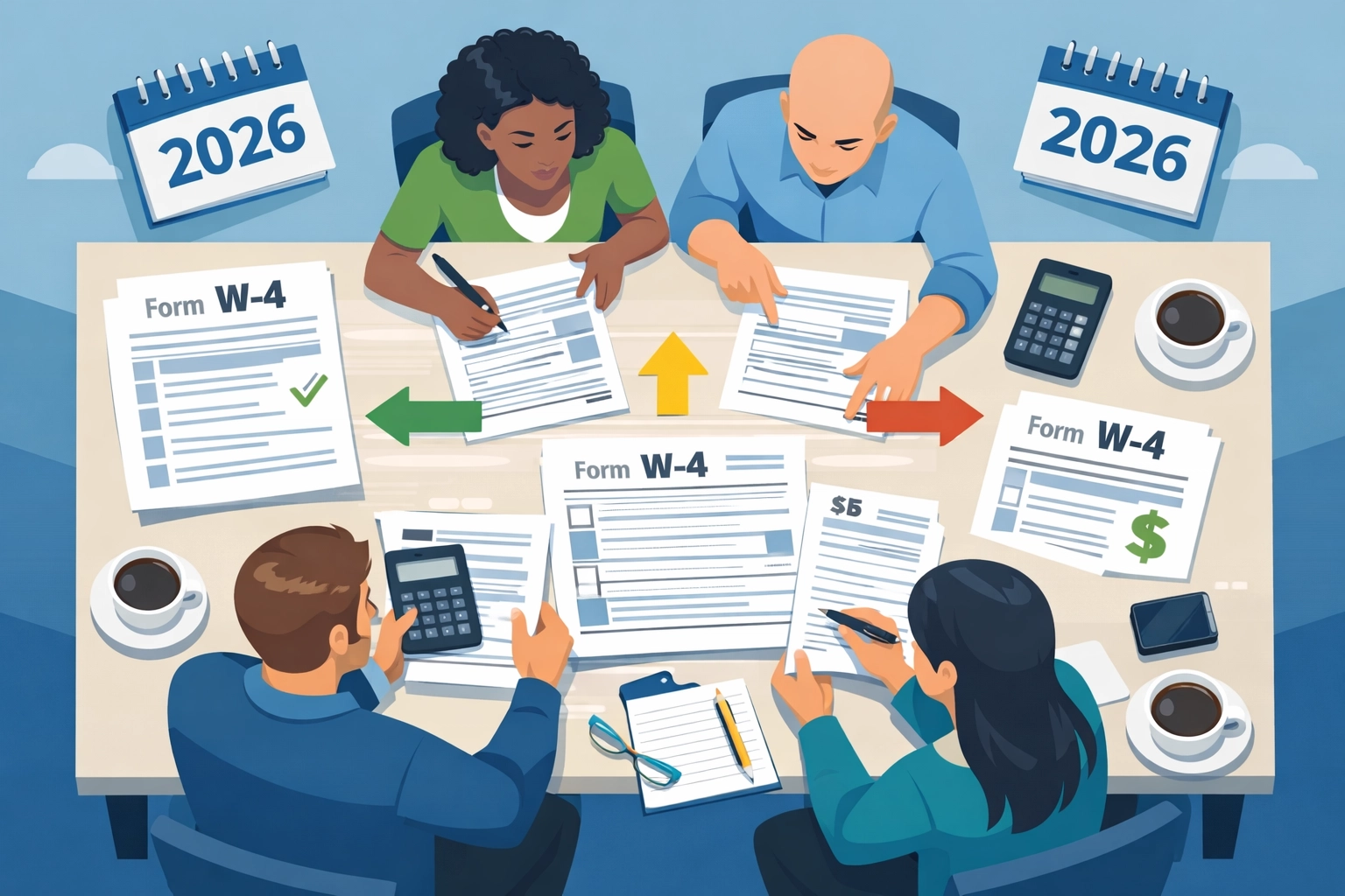 Team reviewing 2026 W-4 tax forms and documents for proper withholding planning