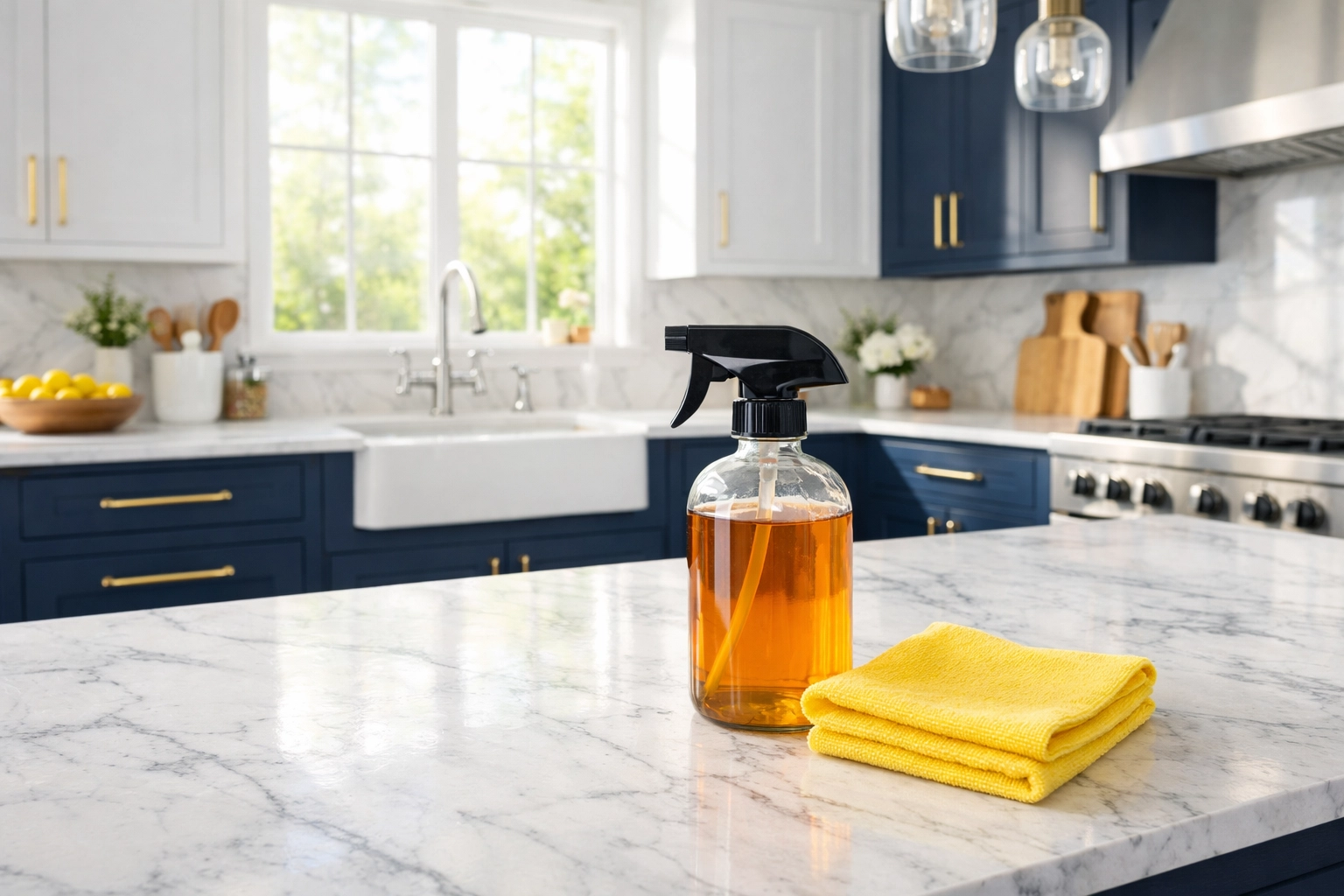Modern Lexington kitchen with non-toxic eco-friendly house cleaning supplies on a white marble counter.