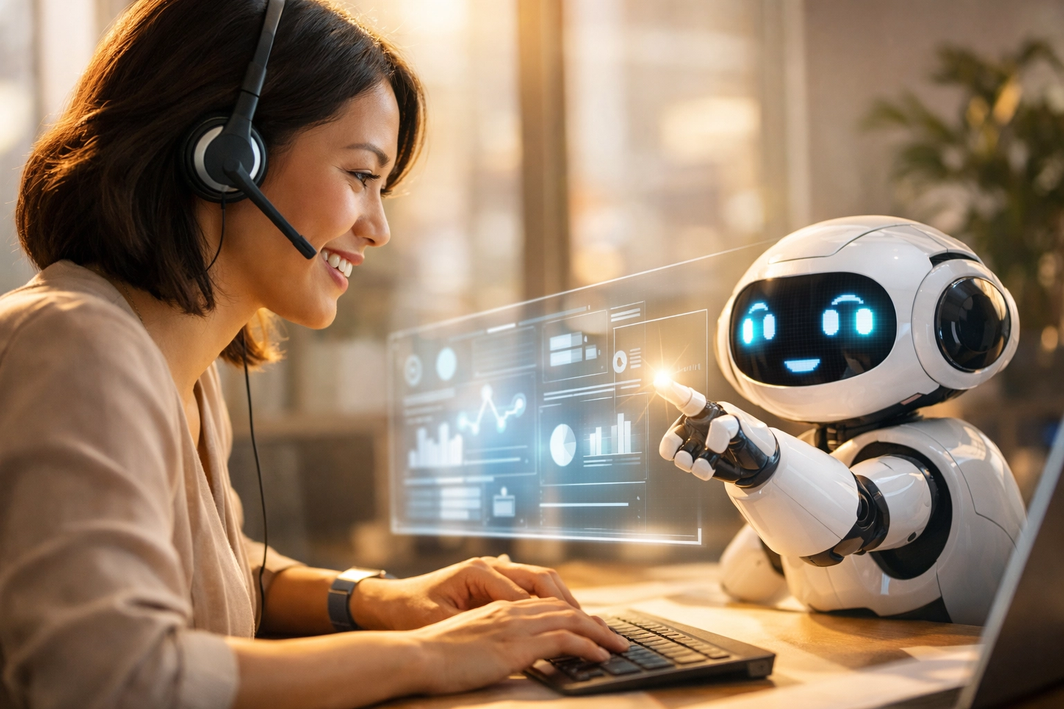 Customer support agent working alongside an AI assistant to provide faster helpdesk support.