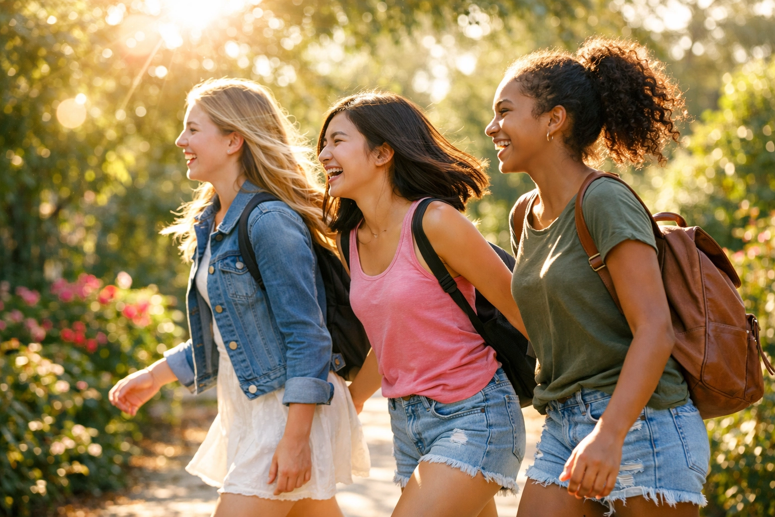Three girls laughing together, thriving in a behavioral health residential program.