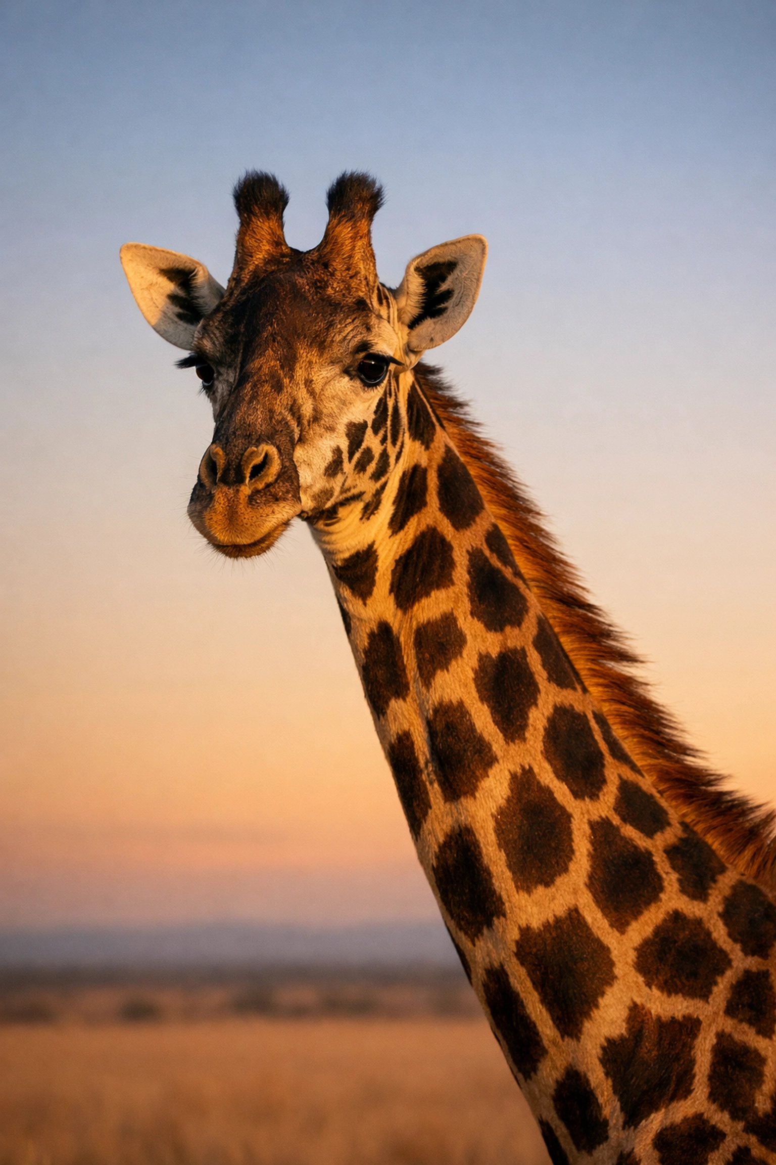 Minimalist portrait of a giraffe at sunset showcasing professional zoo and aquarium media.