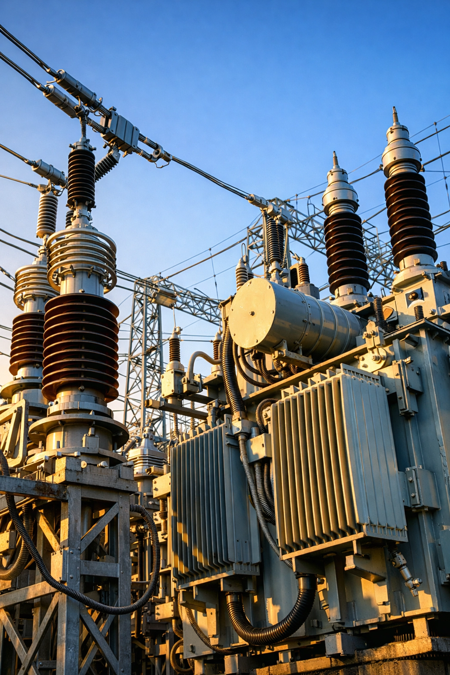Industrial electrical substation with transformers and high-voltage switching equipment