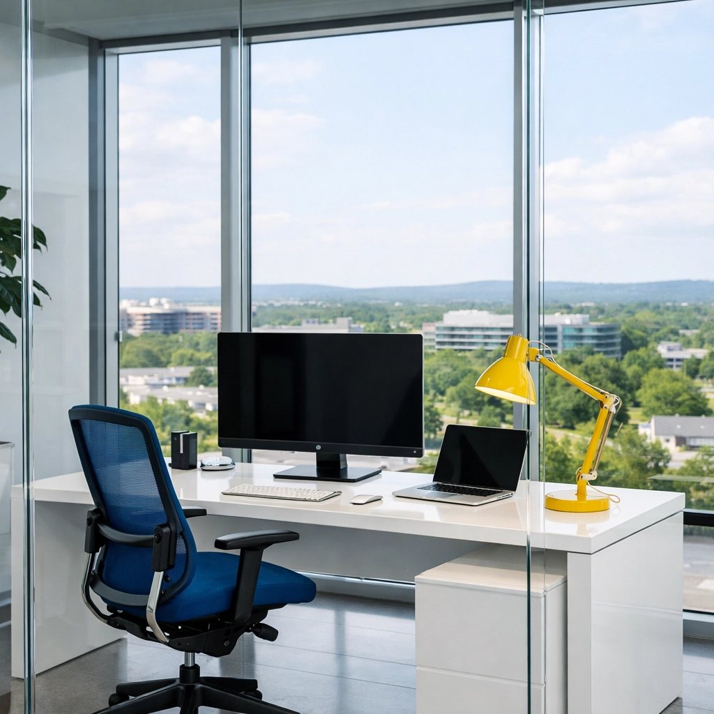 Clean, minimalist home office in Burlington showing professional cleaners' attention to detail.