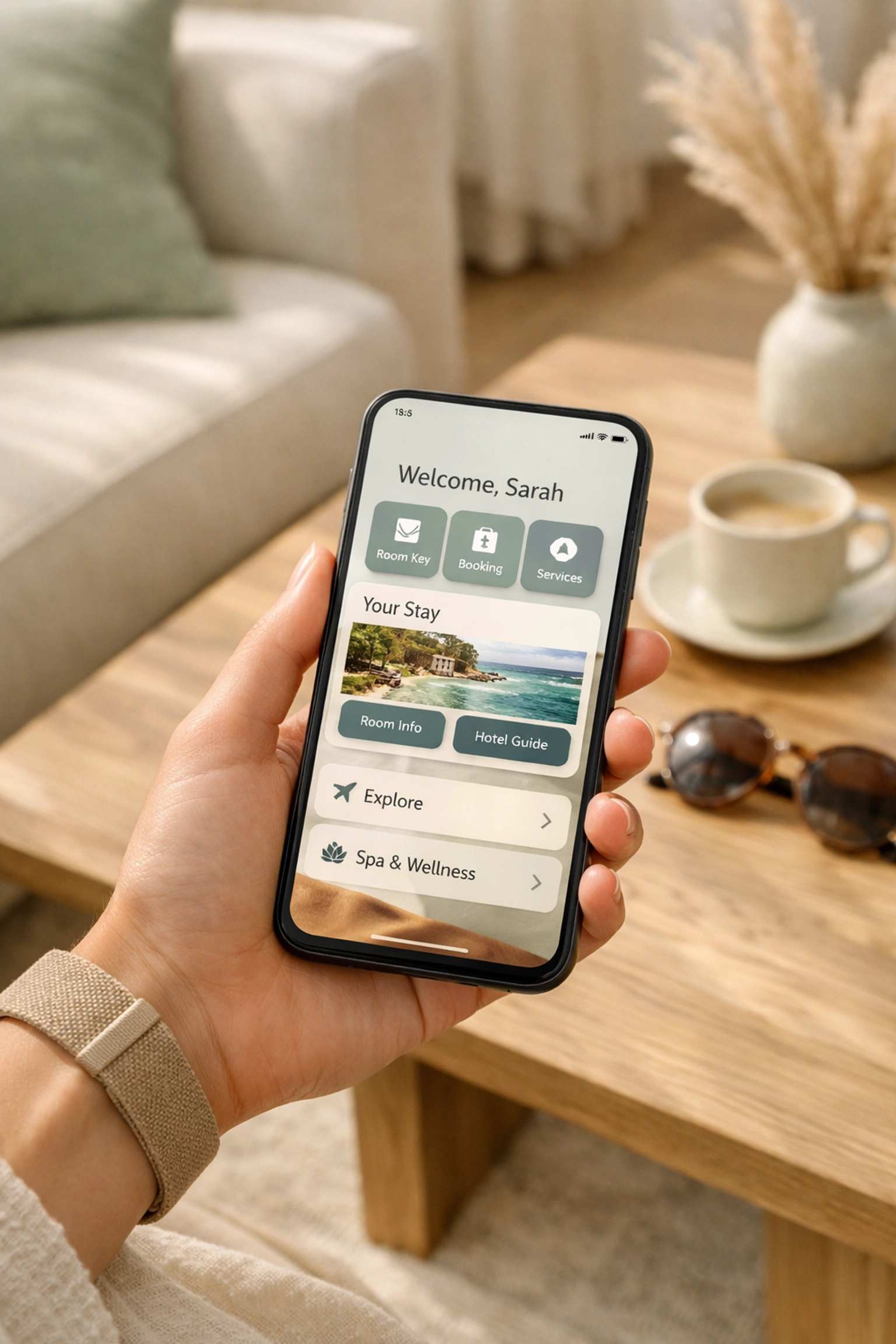 Guest booking a hotel room on a smartphone in a minimalist lounge, highlighting mobile-friendly booking engines.