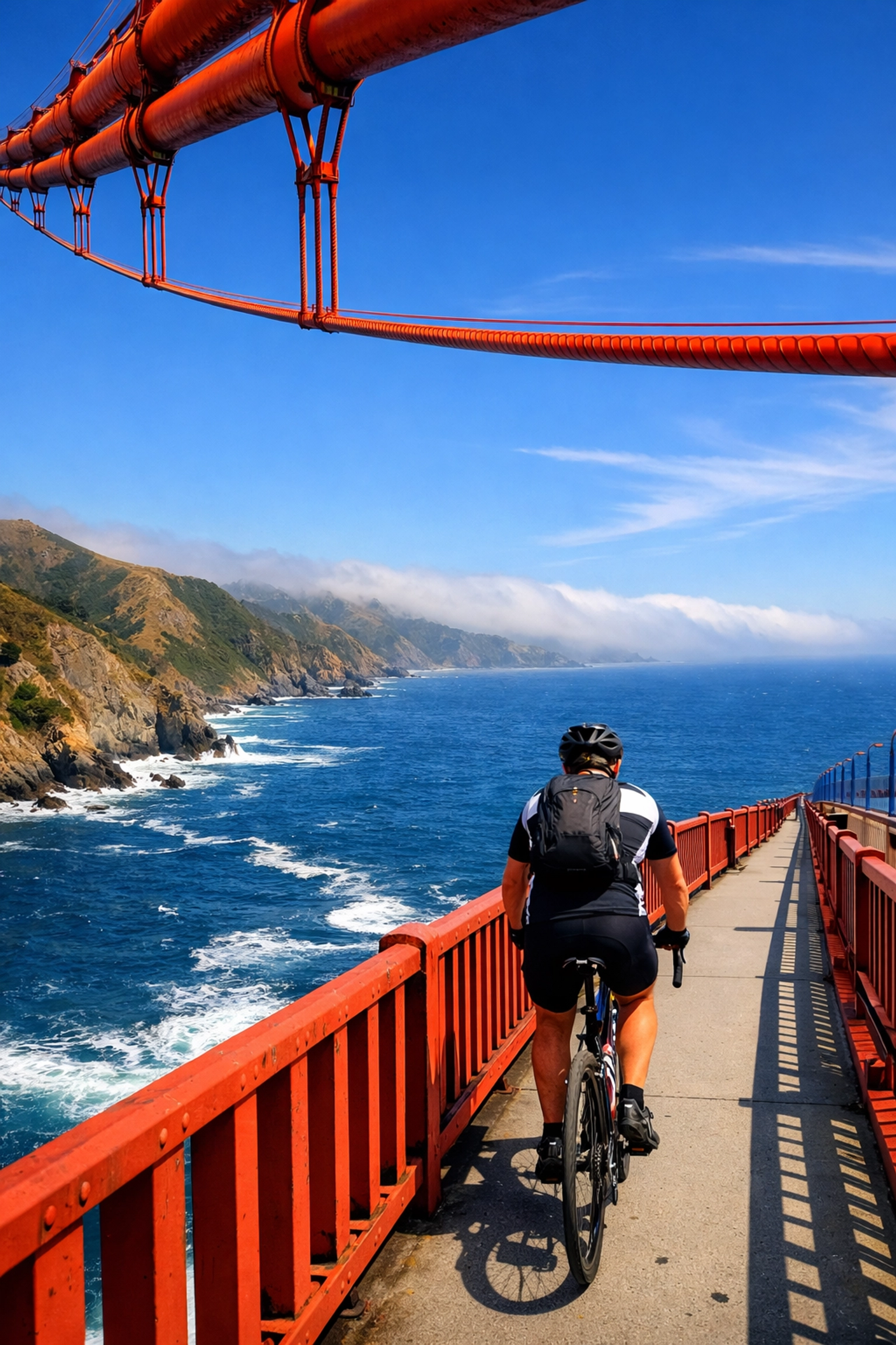 Golden gate bridge west sidewalk bike path with pacific ocean and marin headlands views