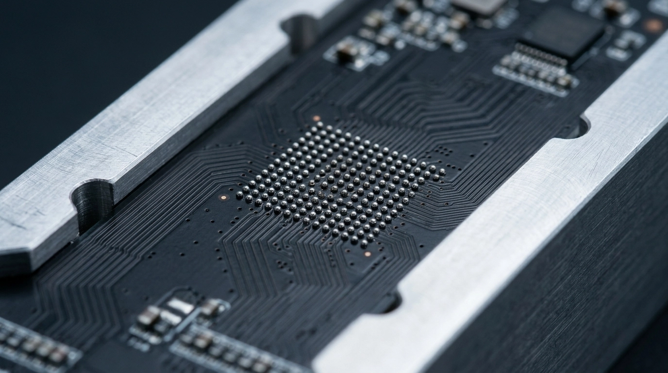Macro photography of a 0.4 mm pitch BGA breakout with fine escape routing, microvias, and substrate-like PCB density