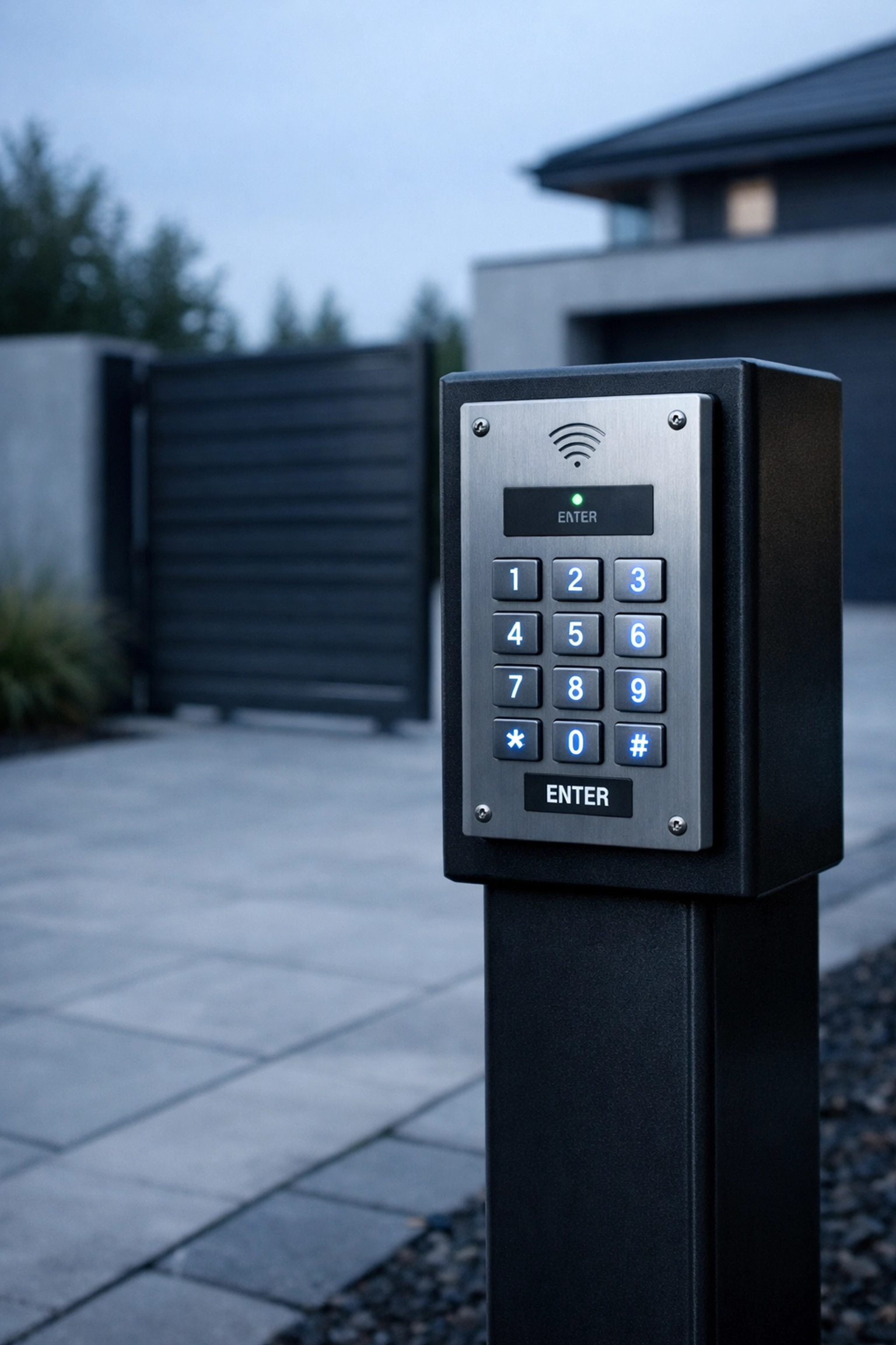 Professional installation of a durable wireless keypad for gate access on a residential driveway pedestal.