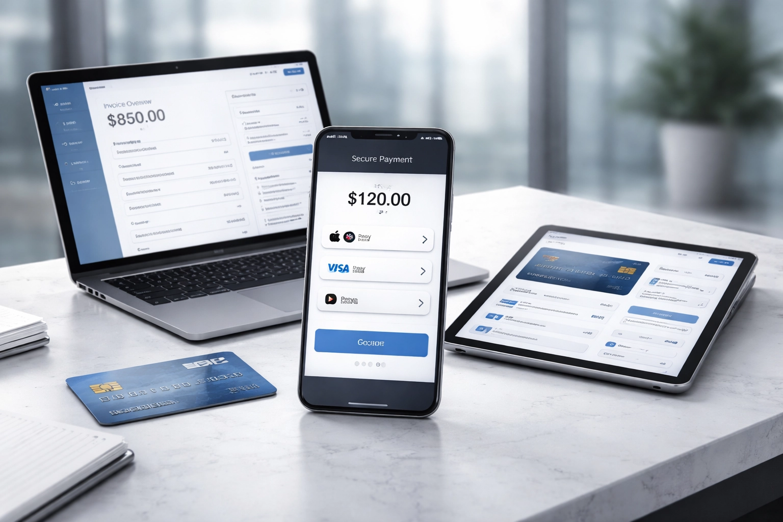 Multiple payment options for debt collection including smartphone, credit card, laptop and tablet on office desk