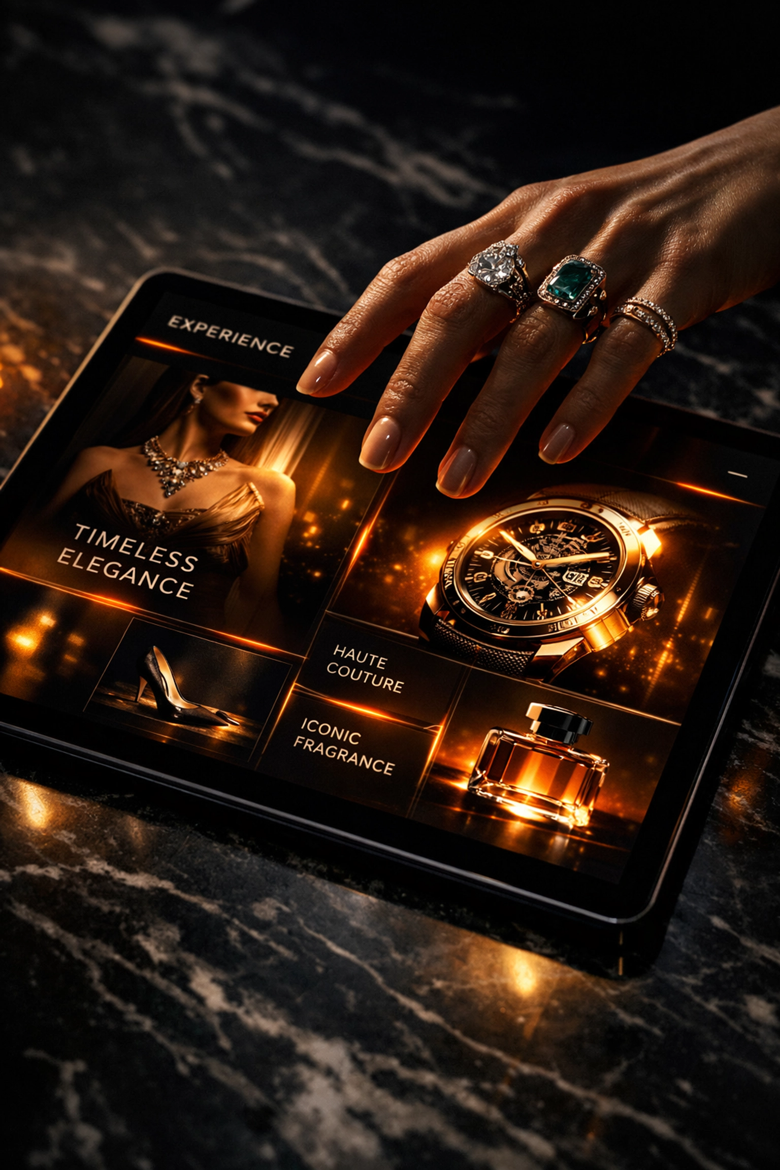 Premium digital flagship experience on tablet showing luxury brand interface and UI design