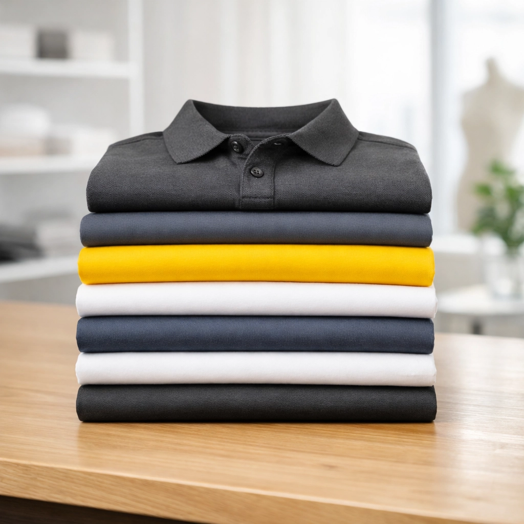 Neatly folded stack of premium custom business apparel including polos and screen-printed t-shirts.