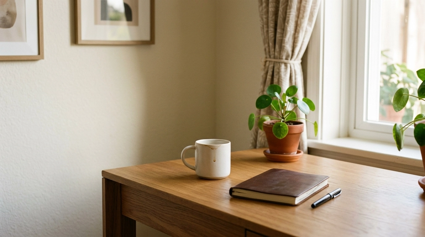A sun-drenched, cozy home corner with a minimalist wooden desk and a journal, representing a refreshed mental space.