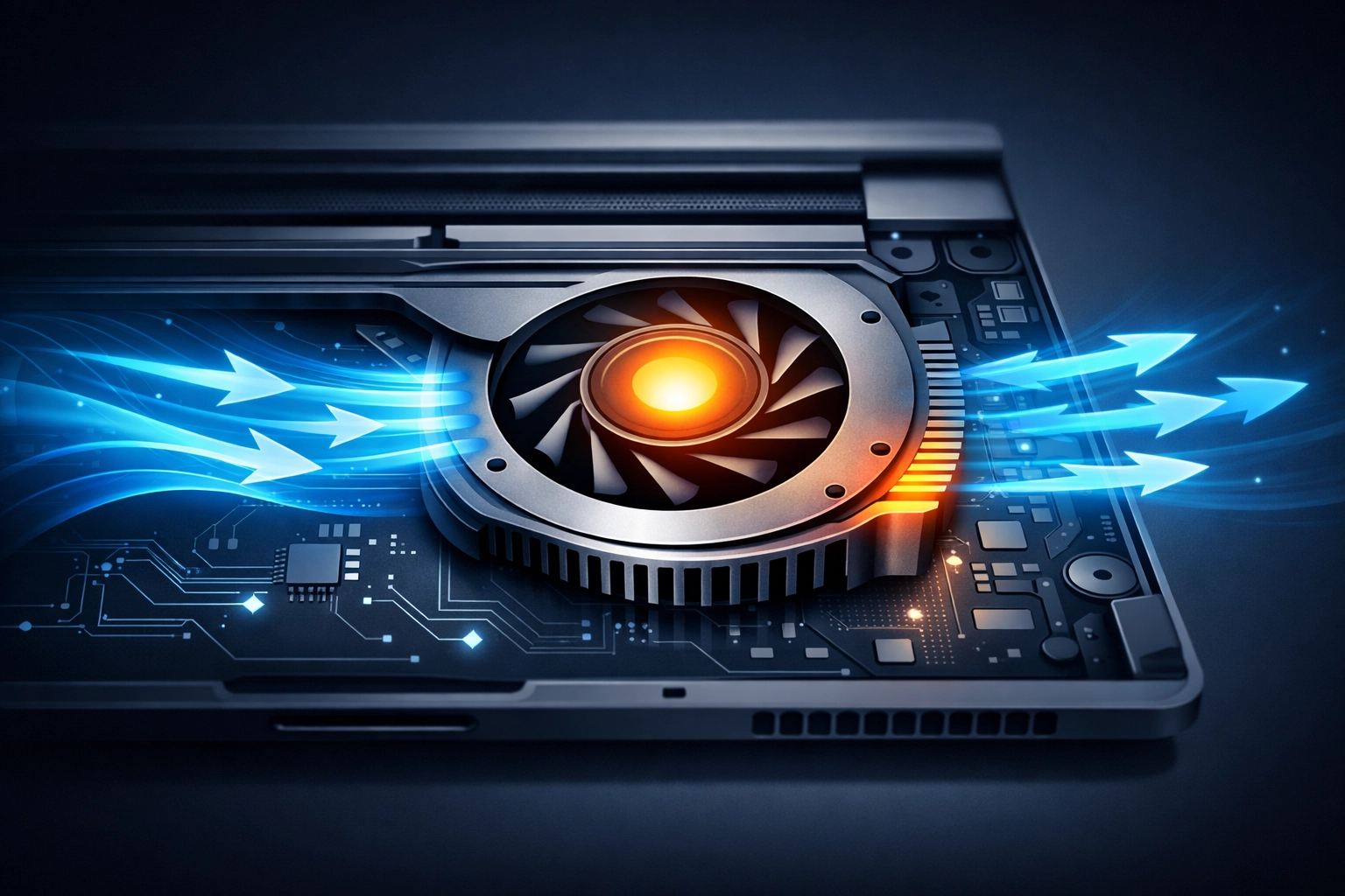 Illustration of a laptop cooling fan with blue airflow patterns to fix overheating and speed up performance.