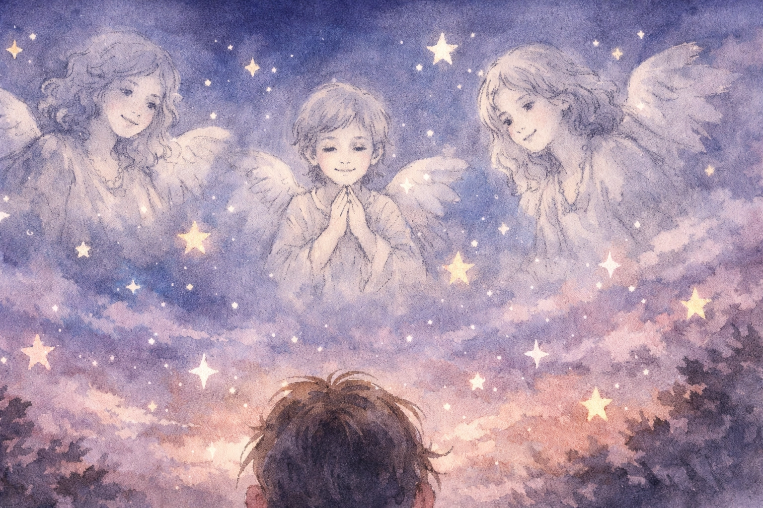 Guardian angels watching over child under starry night sky