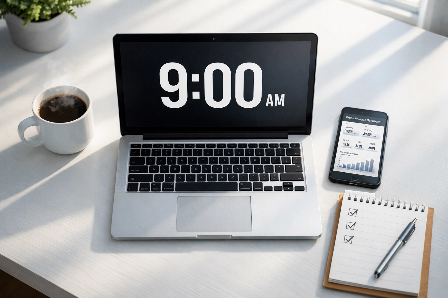 Morning workspace showing 9AM press release automation dashboard for sports marketing agencies