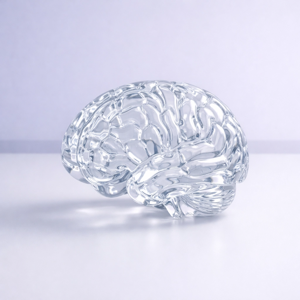 Glass brain sculpture representing cognitive clarity and the importance of rest for the nervous system.