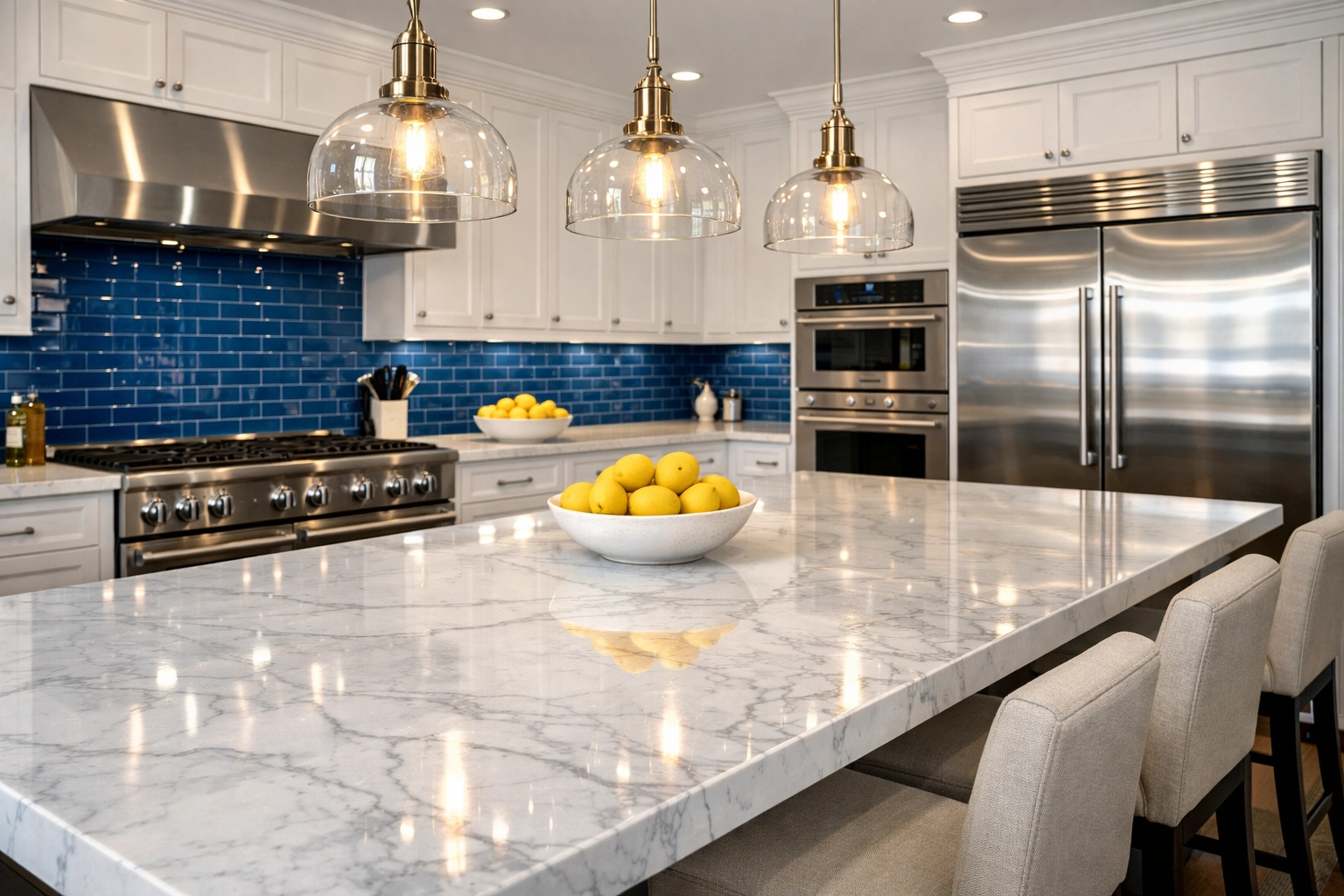 Deeply cleaned gourmet kitchen featuring a shiny marble island and polished stainless steel appliances.