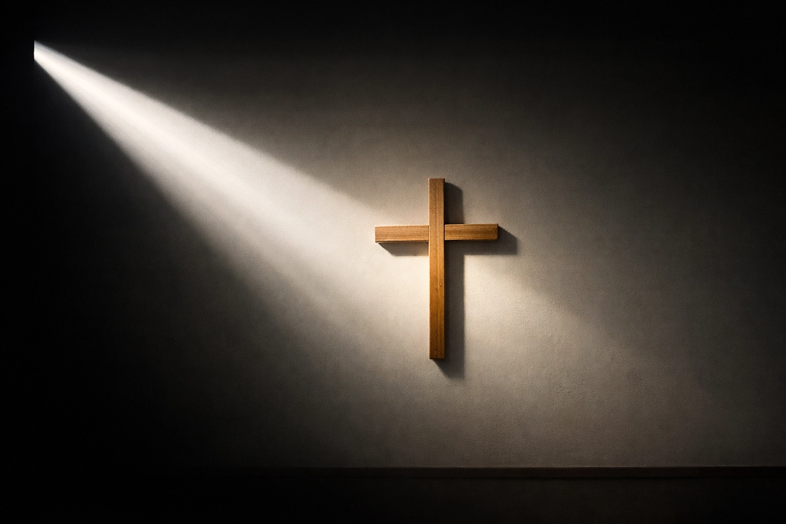 A sunlight beam hitting a simple wooden cross, representing the Church’s role as a light for global peace.