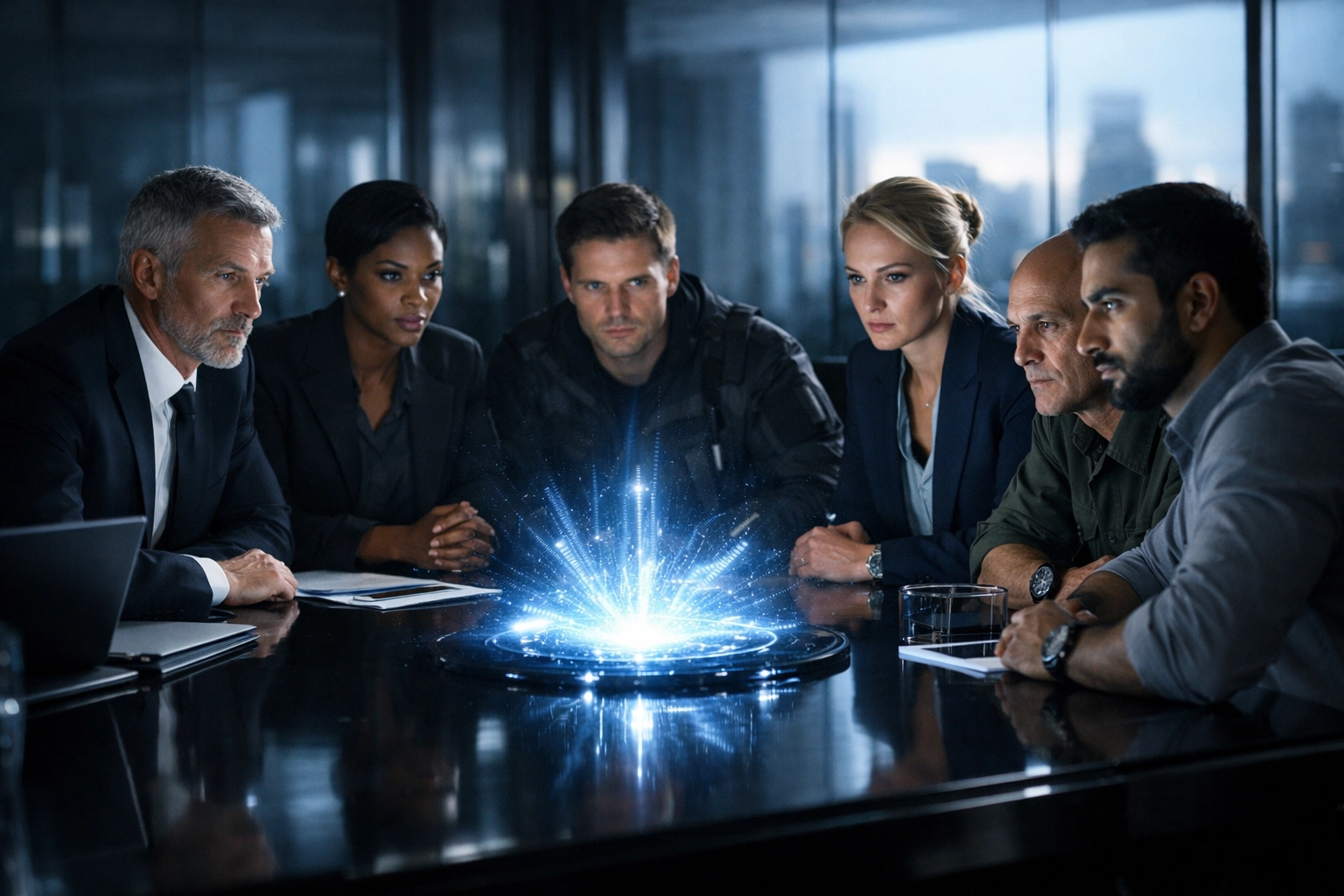 Corporate crisis management team meeting in a boardroom to coordinate emergency response strategy.