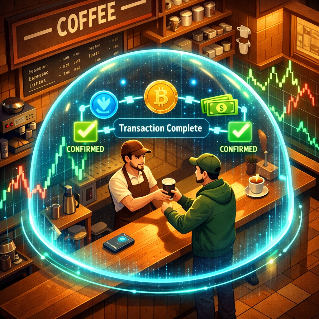 Coffee shop accepting Bitcoin payment protected from crypto price volatility by receivables token