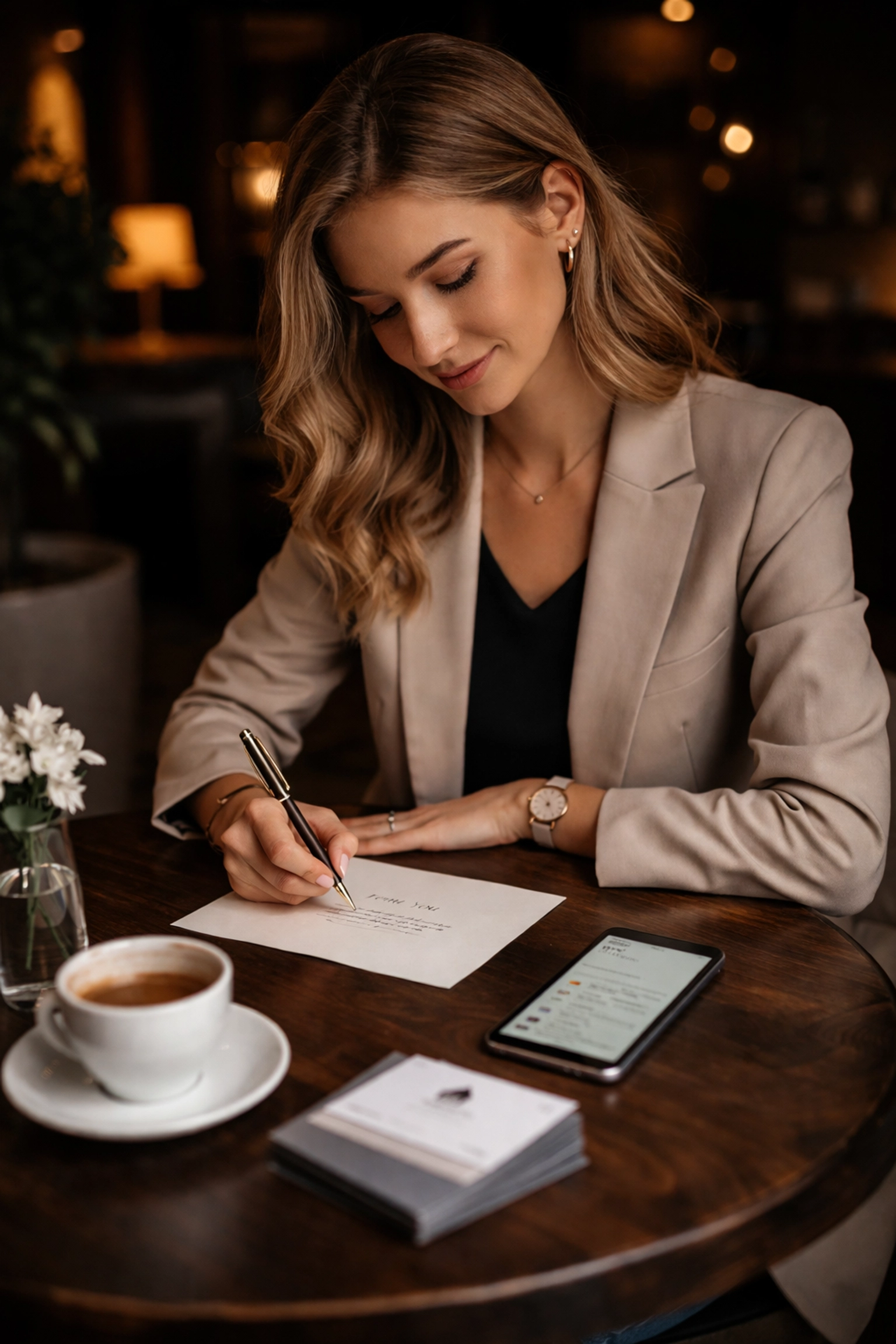 Young real estate agent writing handwritten thank-you notes at a café, building relationships for lead generation.