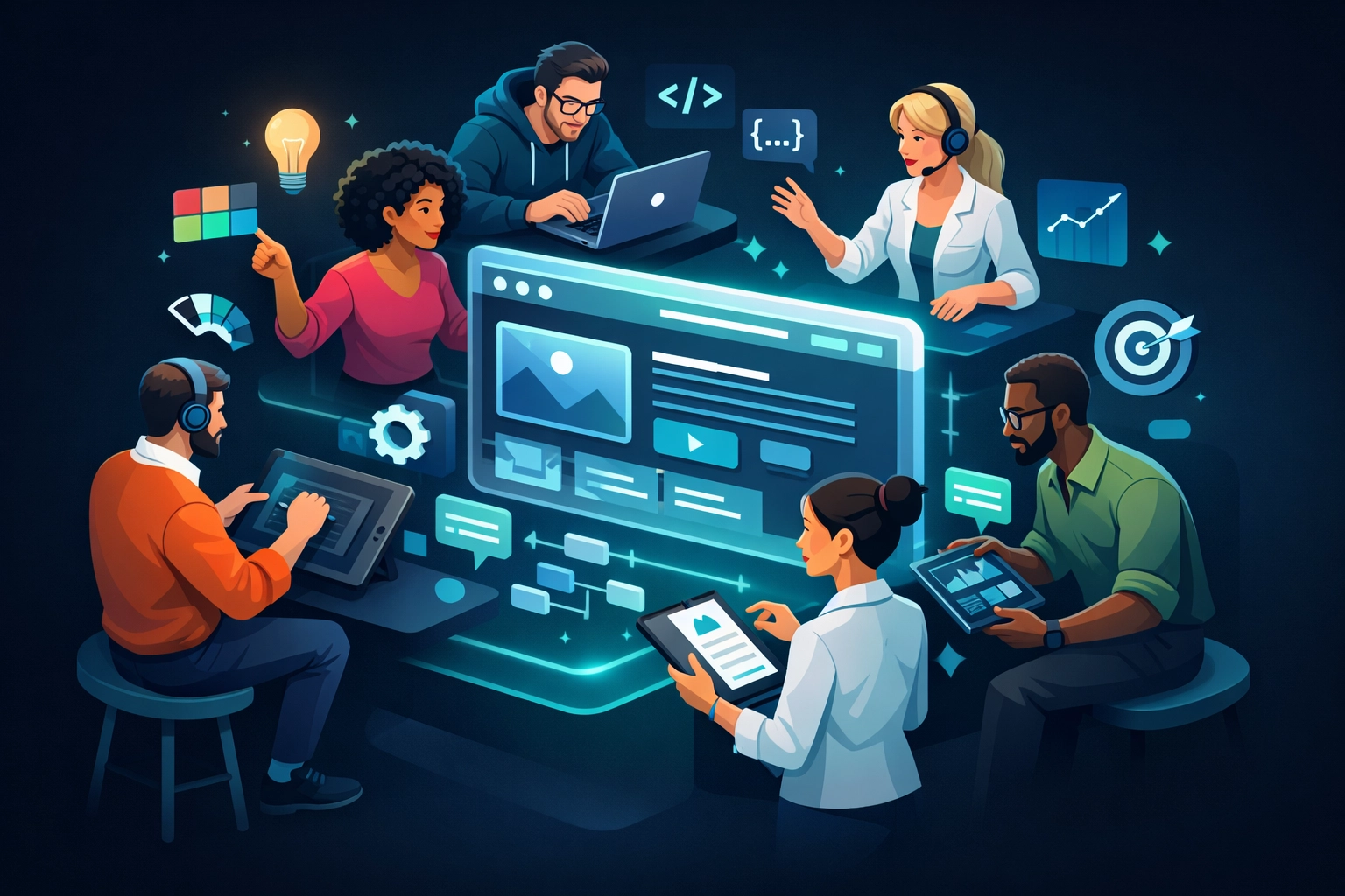 Web design agency team collaborating on website project with designers and developers