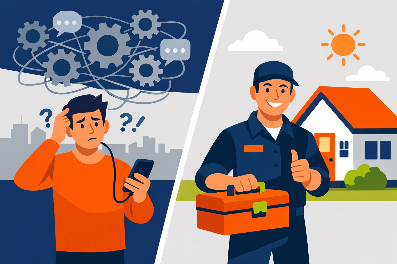 Illustration comparing a confusing national call centre with a direct, local Bristol locksmith service.