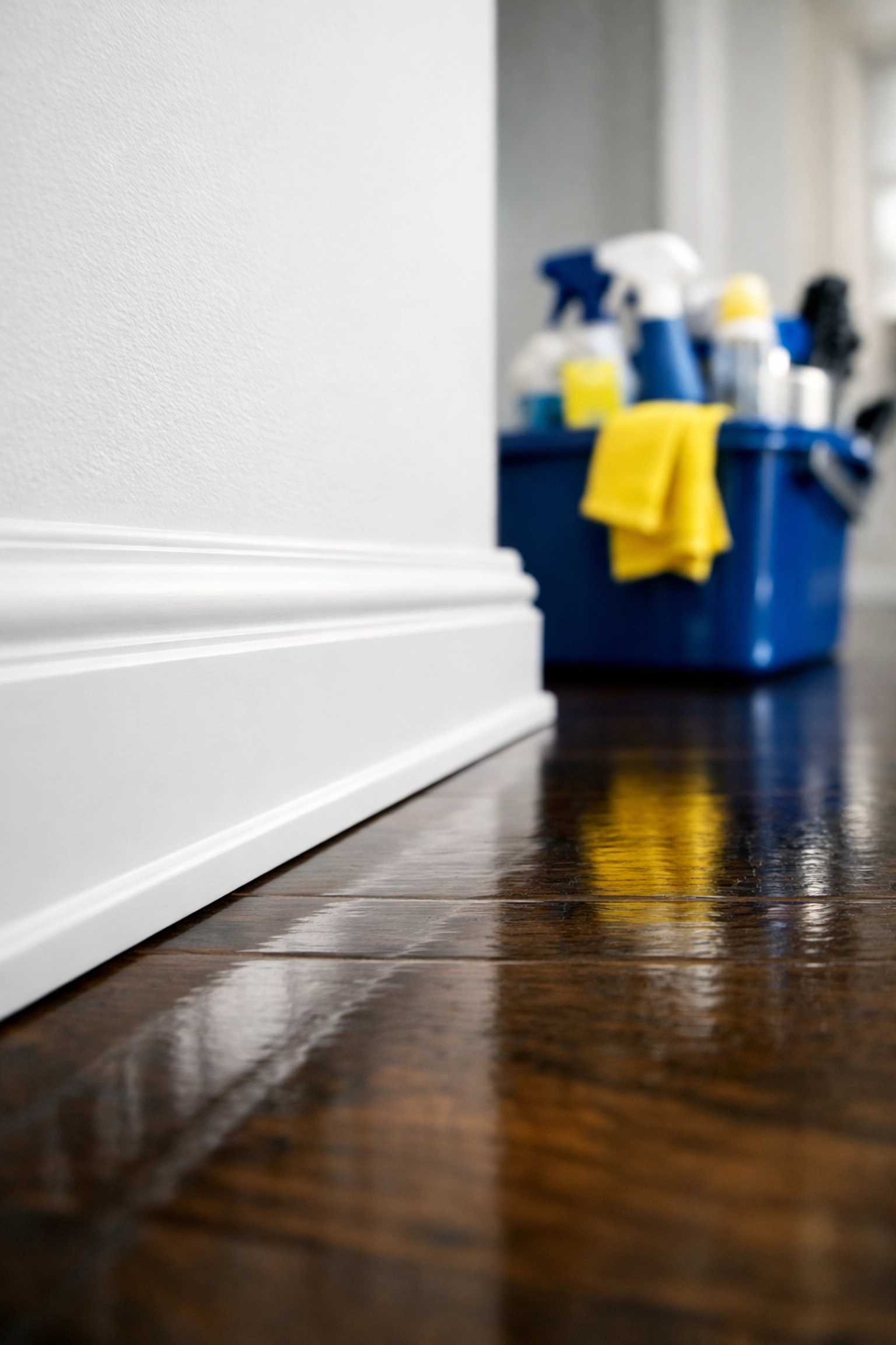 Close-up of clean baseboards and hardwood floors from meticulous cleaning services near me.