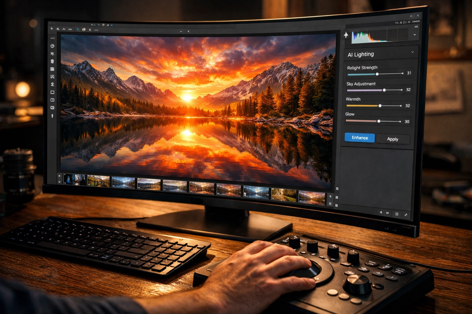 Advanced AI photo editing software on a monitor enhancing a landscape sunset to improve 2026 camera gear shots.