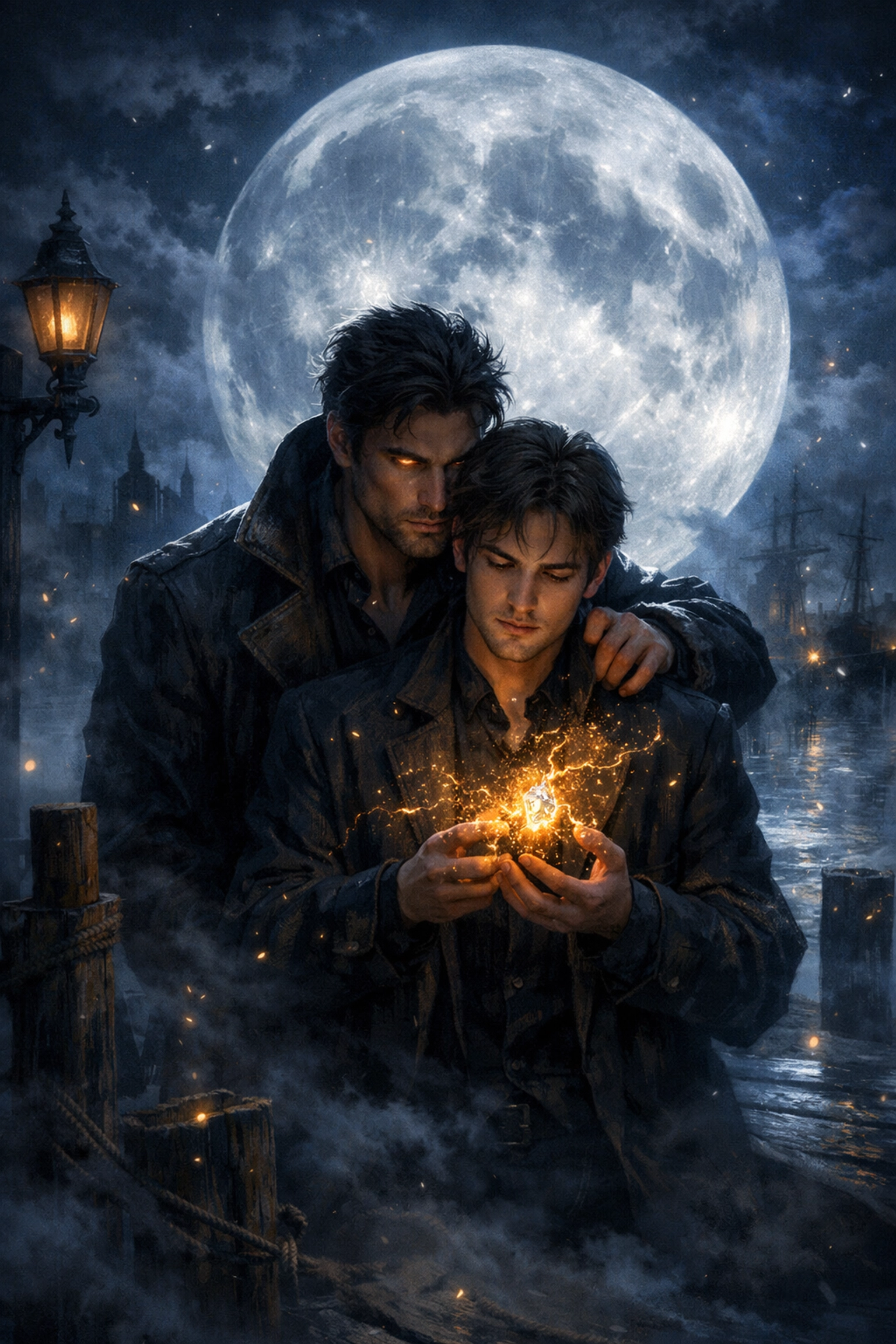 Paranormal MM romance scene with two men under a full moon in a fantasy mystery setting.