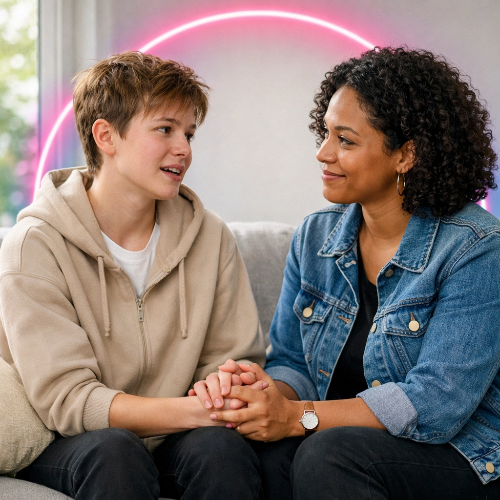 A supportive couple holding hands during an honest conversation about crossdressing and their bond.