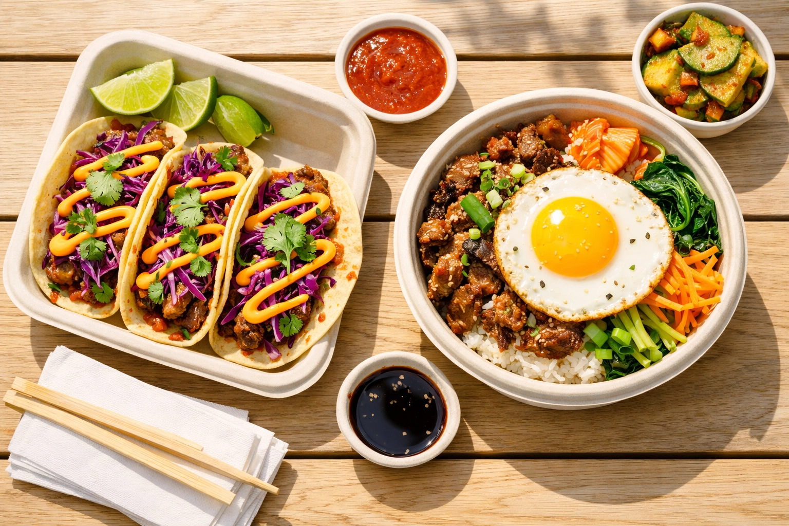 Korean Tacos and a Bulgogi Rice Bowl in compostable containers for a hassle-free catered lunch.