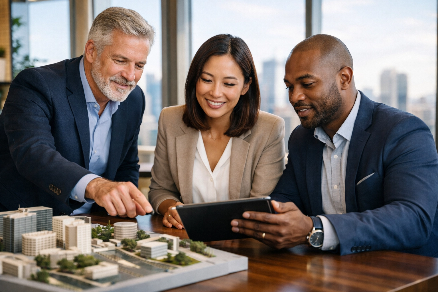 Dakdan Worldwide strategic consulting team collaborating on multi-industry business strategies in a modern office.