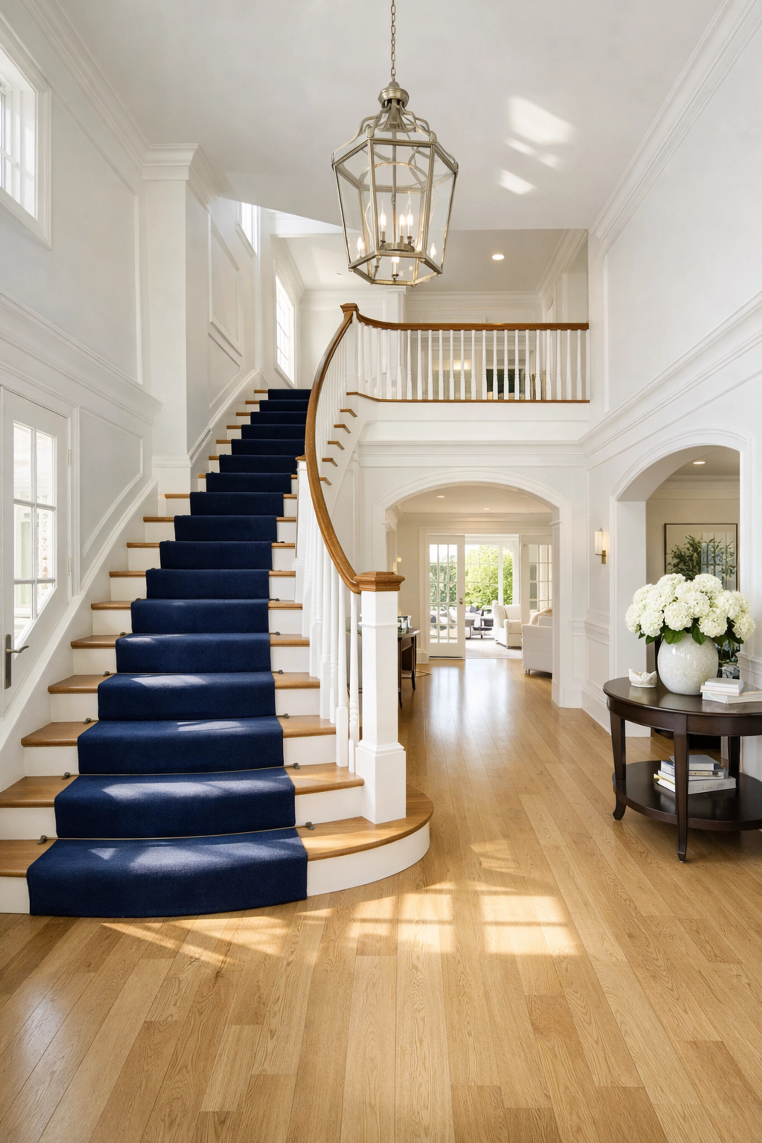 A spotless, sun-lit grand foyer of a luxury Sudbury estate after professional cleaning.