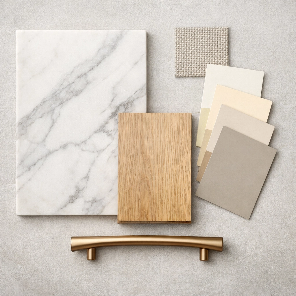 Modern design samples for a Red Deer home renovation including marble countertops and hardwood flooring.
