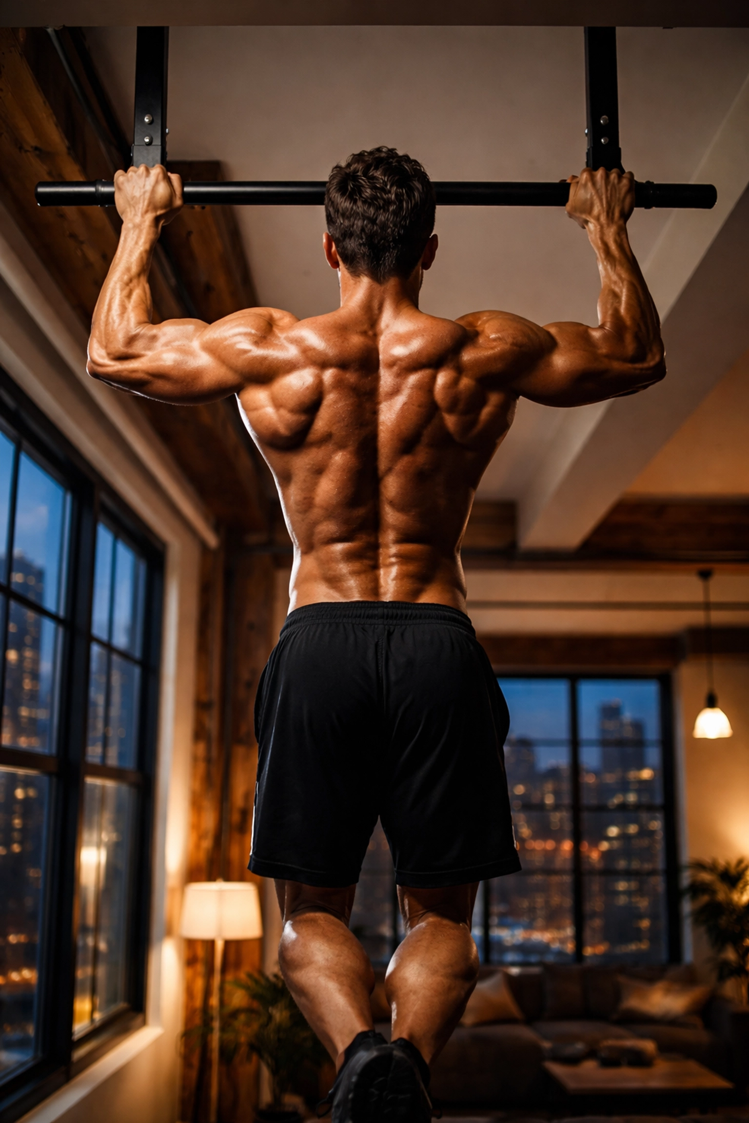 Male athlete at the top of a muscle-up on a ceiling-mounted bar in a loft, highlighting advanced calisthenics home training without wall damage.
