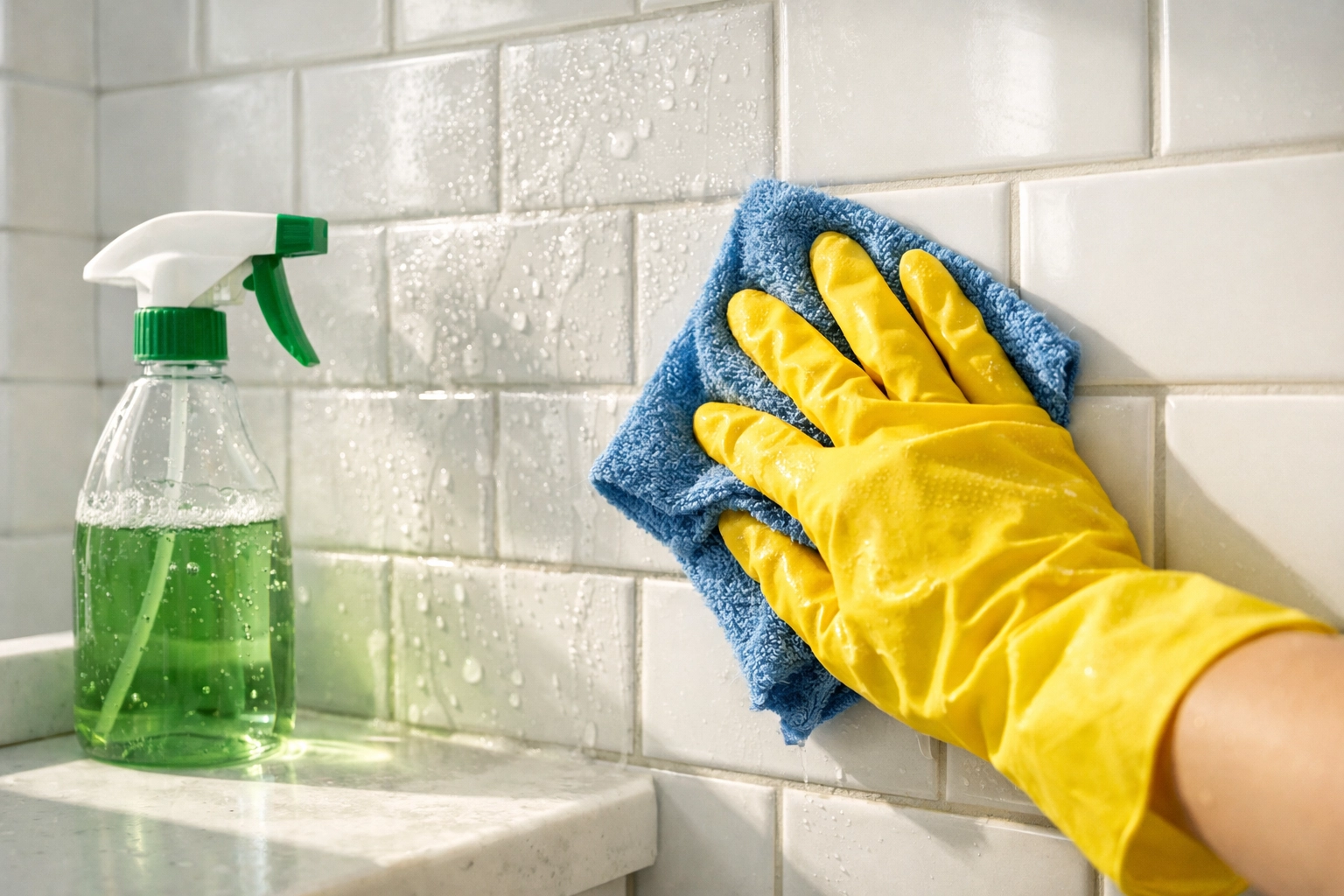 Cleaning white tile and grout with non-toxic citrus-based multi-surface cleaner