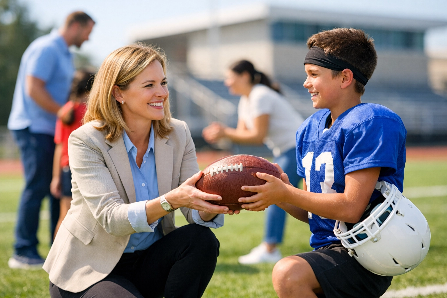 A business leader supporting a youth football program as part of cause-based marketing.