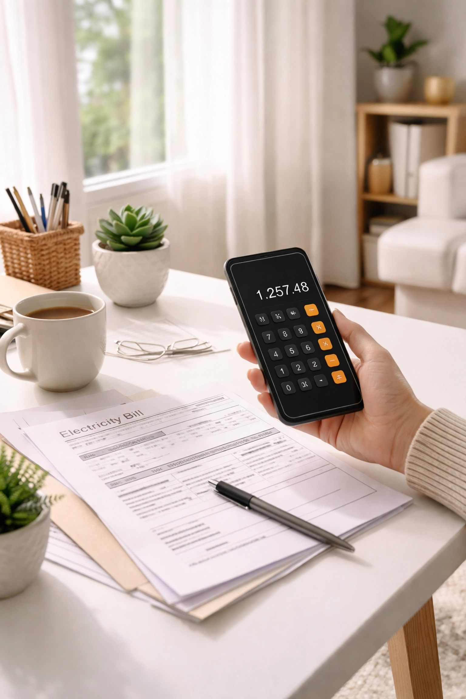 Maine homeowner calculating CMP rate savings with electricity bills on desk