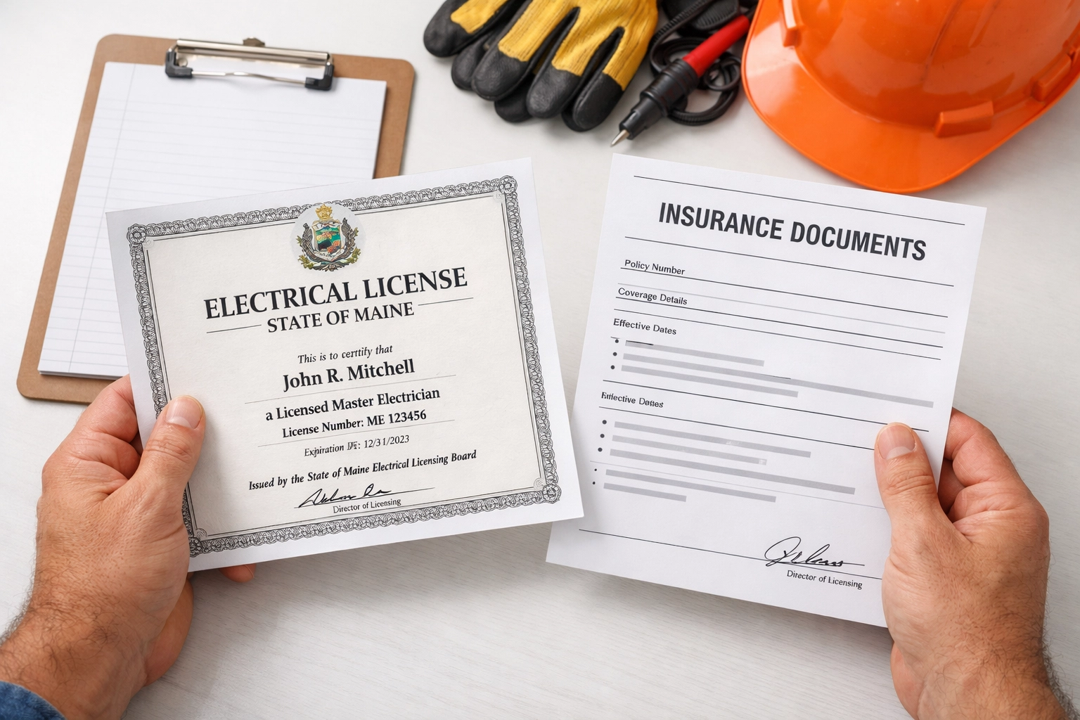 Licensed Maine electrician credentials and insurance documents verification