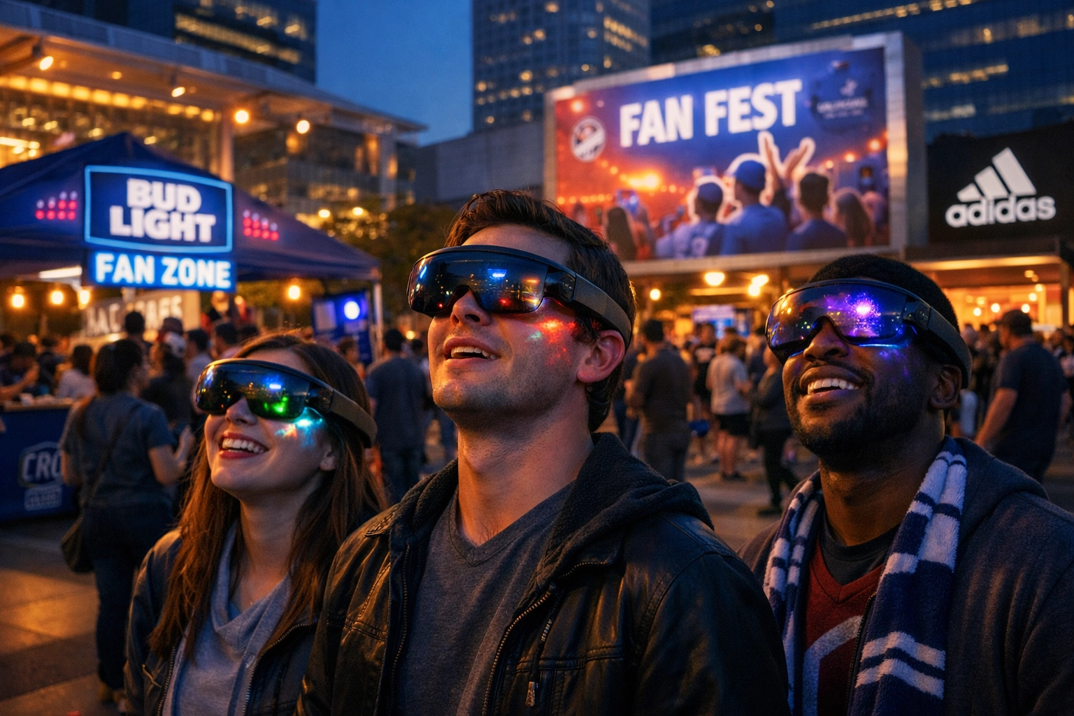 Fans using augmented reality at outdoor sports festival with digital activations