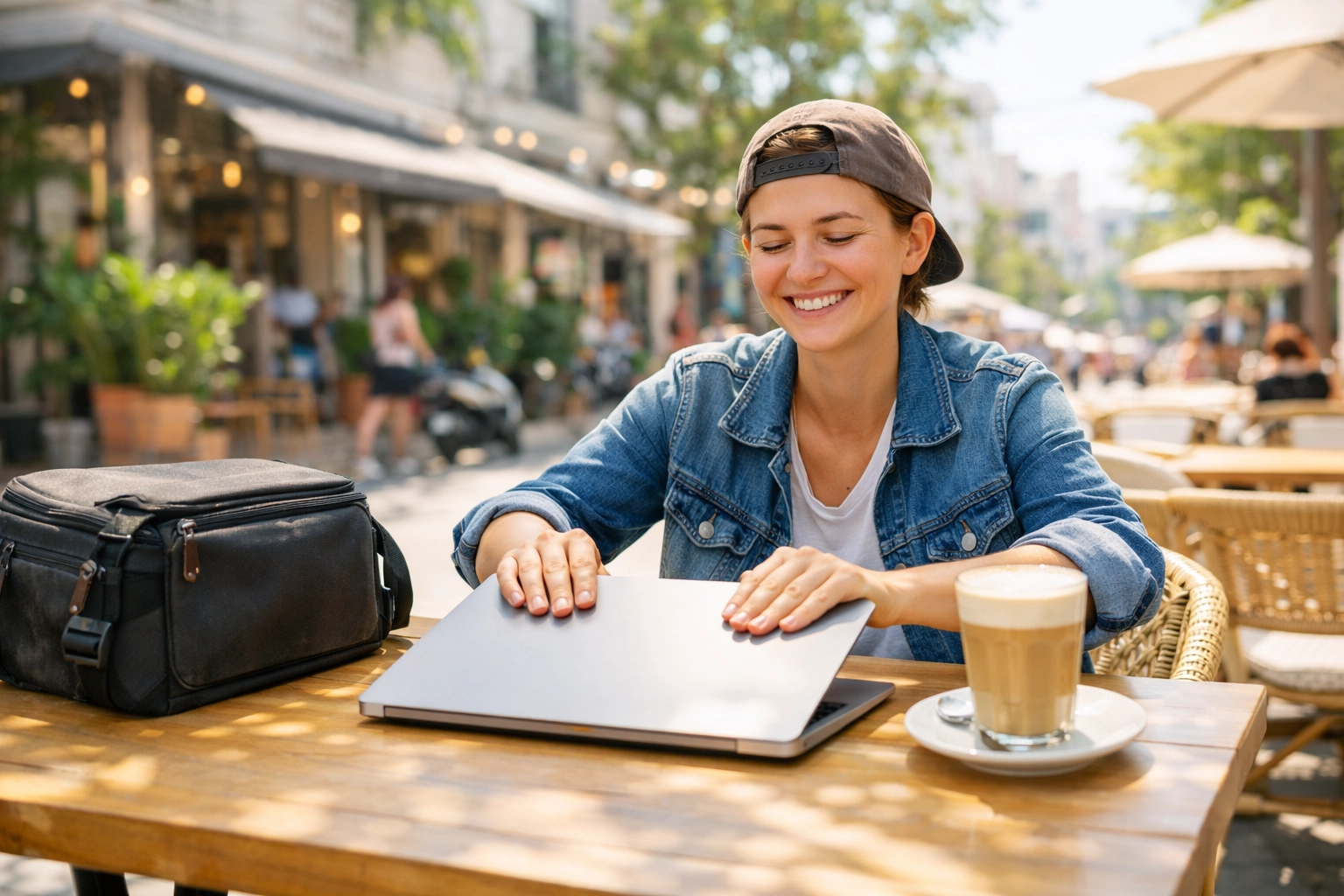 An efficient photographer closing a laptop at a cafe after fast image delivery and gallery uploads.