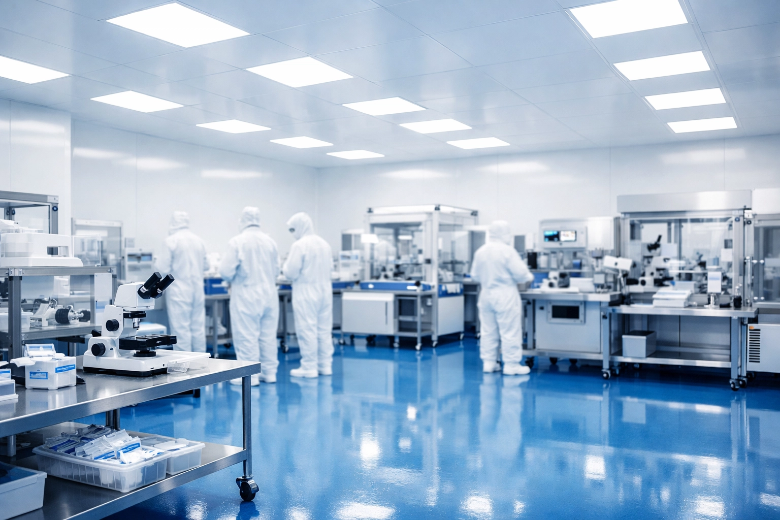 Ultra-sanitary ISO-certified cleanroom for medical manufacturing with polished floors and sterile white walls.